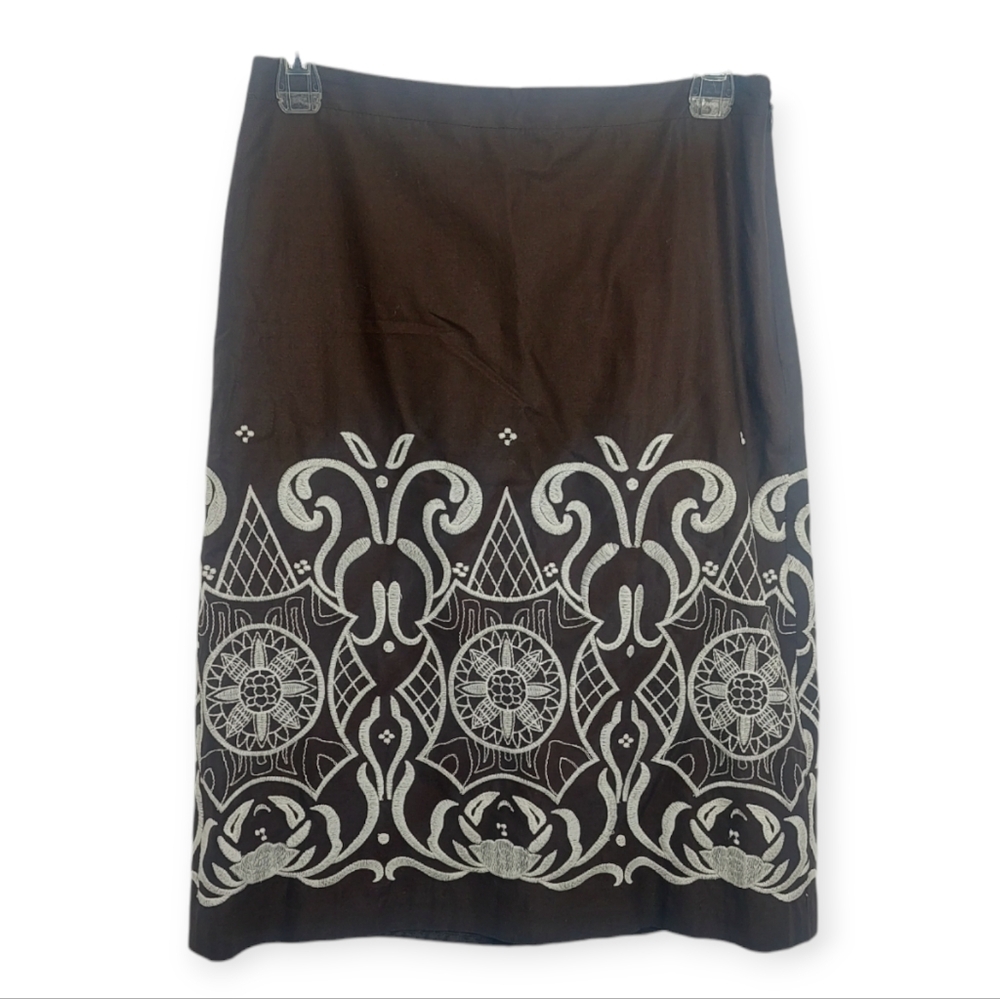 Loft Women's Size 0 Skirt Brown Embroidered Boho Design Midi